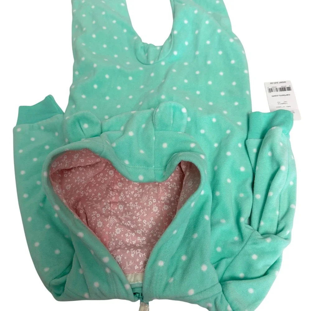 Carters Baby Girl 12M Mint Green Polka Dot Fleece Hooded Jumpsuit Heart